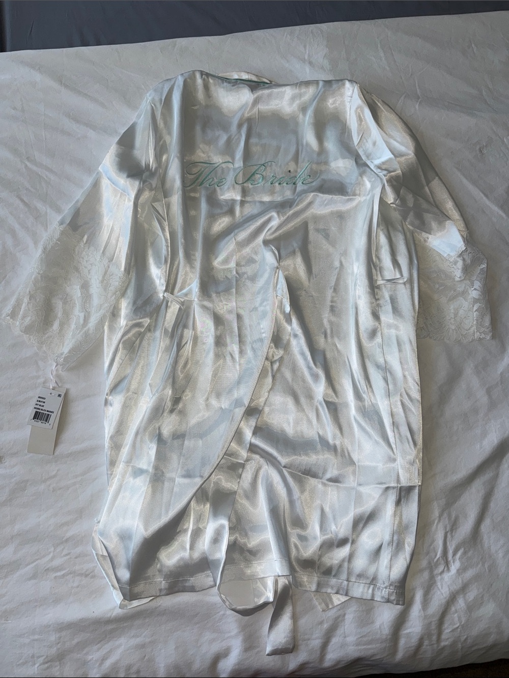 Linea Donatella White Satin Women’s Short Robe with Lace Sleeves